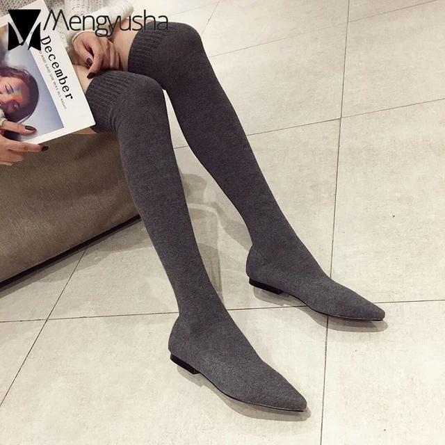 Fashion Knitted stretch long women's sock boots flat pointed toe slim