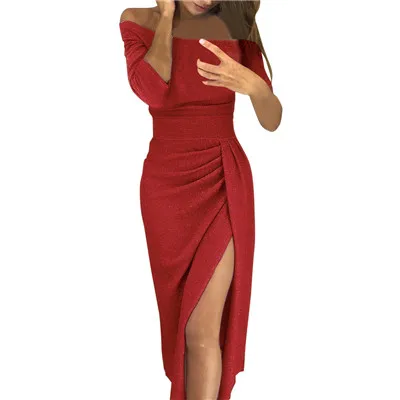 Осень зима женское сексуальное платье с открытыми плечами с высоким разрезом облегающее длинное платье с длинным рукавом платье для вечеринки для девочек Подарки#1217 - Цвет: Красный