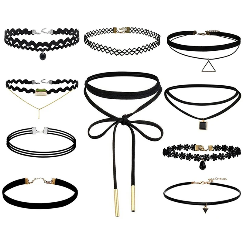 

10 Pcs/pack Choker Necklace Black Lace Leather Velvet Strip Woman Collar Party Jewelry Neck Accessories Chokers