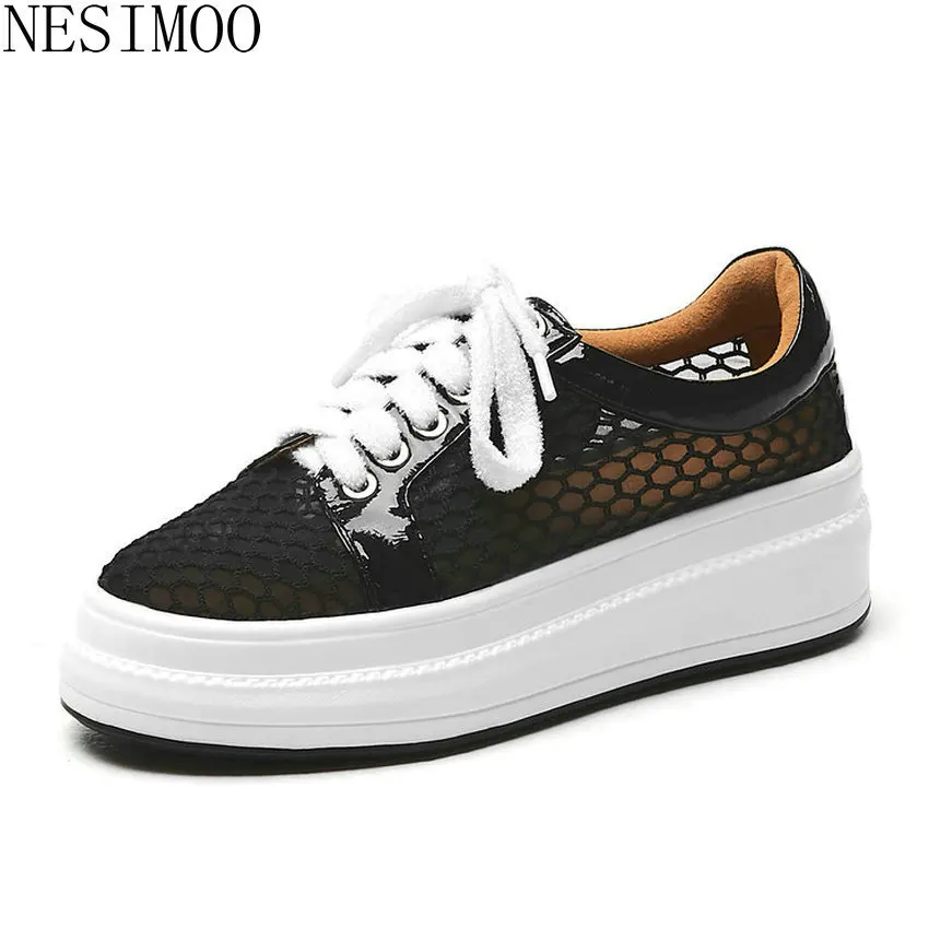 

NESIMOO 2019 Women Shoes Platform Sequins PU Leather Round Toe Lace Up Cut Outs Wedge Heel Summer Ladies Sneakers Size 34-39