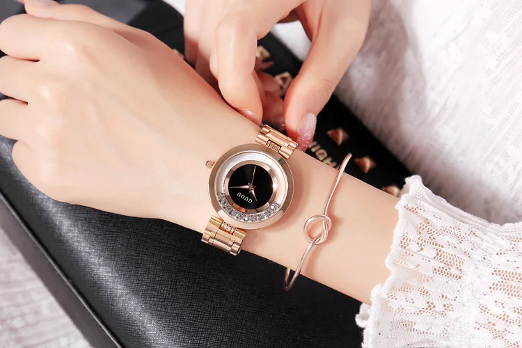 Мода GUOU Роскошные полностью стальные блестящие бриллиантовые женские часы Gif Часы montre femme bayan kol saati - Цвет: Steel Black