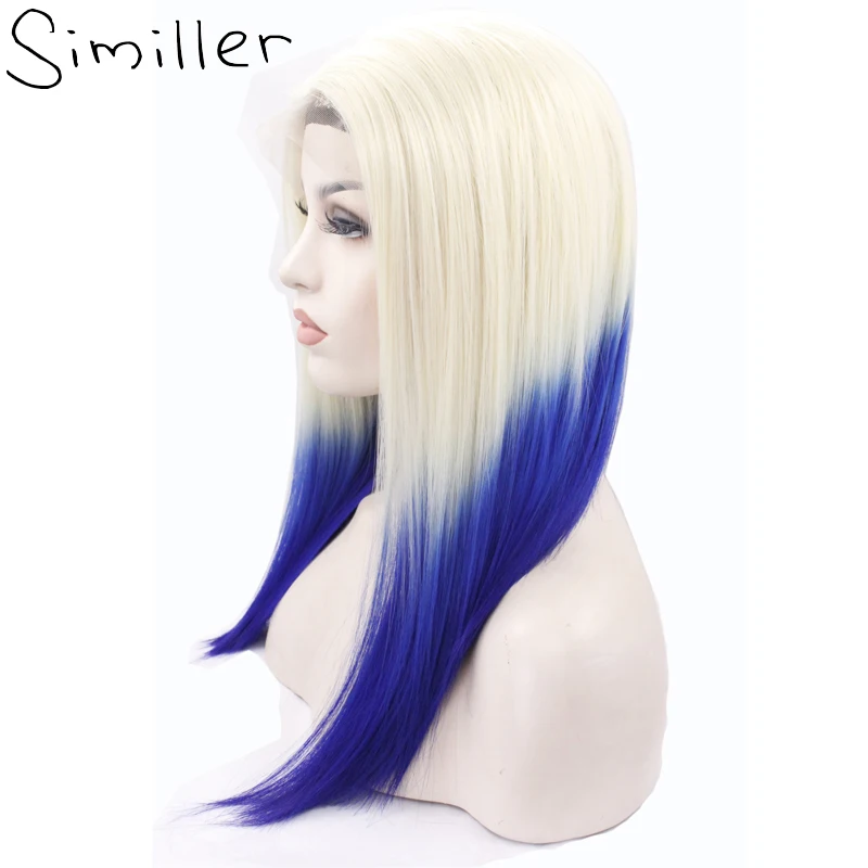 

Similler Short Straight Synthetic Lace Front Wig 613 T Blue Ombre Color With Dark Root Heat Resistant Half Hand Tied 150%