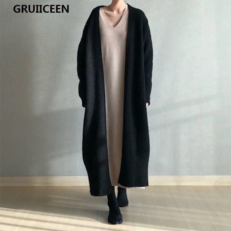 GRUIICEEN 2018 Autumn Women Long Knitting Cardigans Spring V neck Sweater Open Stitch Loose Female Jacket Coat |