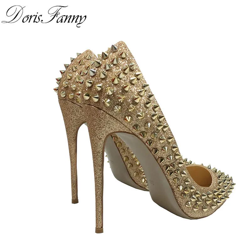 DorisFanny Glitter Spikes Rivets Studded Silver Gold High Heels shoes woman 2018 large size 34-45 stiletto shoes