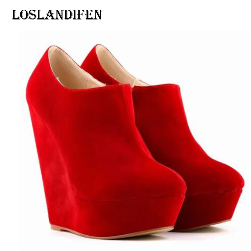 Loslandifen/осенние женские замшевые вечерние туфли-лодочки на танкетке и высоком каблуке; модные туфли; большие размеры 34-42