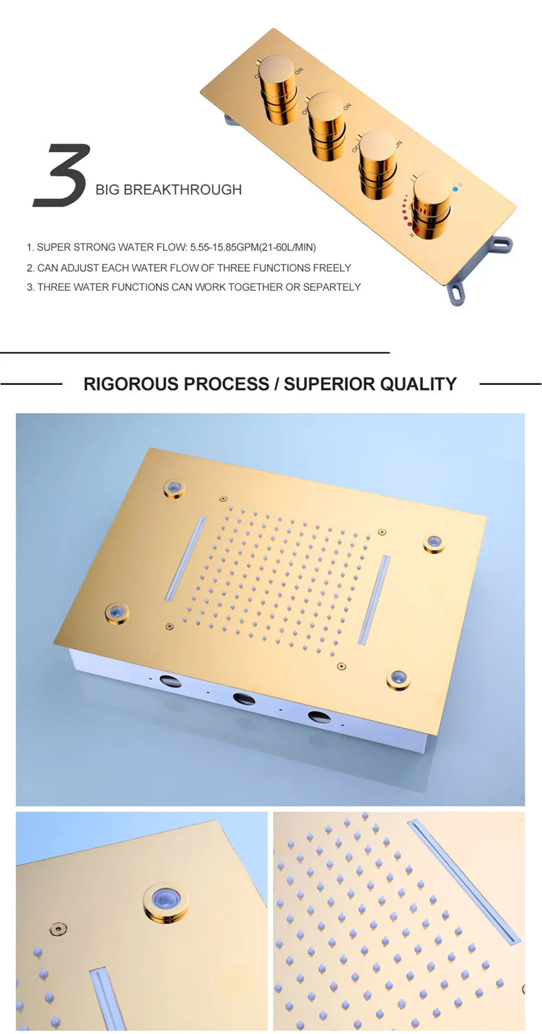 HPB настенный светодиодный 3 функции дождевой Водопад Душ наборы смесителей с горячей и холодной смесительный клапан золотой цвет 008G-50X36PG-K