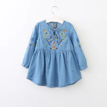 Детская рубашка с длинными рукавами для девочек; осенняя одежда; Длинная джинсовая рубашка в винтажном стиле с вышивкой для малышей; весенняя одежда для детей