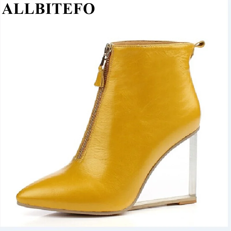 ALLBITEFO Transparente pelo de caballo + cuero genuino del alto talón botines de tacón cuñas de las mujeres botas de invierno martin botas tamaño: 34-41