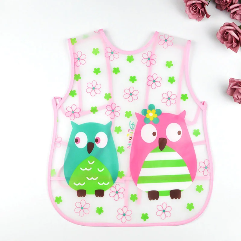 Baby EVA sleeveless gown Baby vest bib Transparent anti-dressing Lace-up waterproof disposable bib dinner clothes feeding child - Цвет: Owl Pink