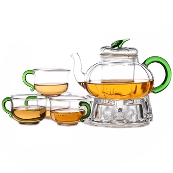 

Free Shipping New Arrival Glass Flower Tea Set with Candle Heating Base Afternoon Teaware Set Heat Resistant Tea Pot Cup Set
