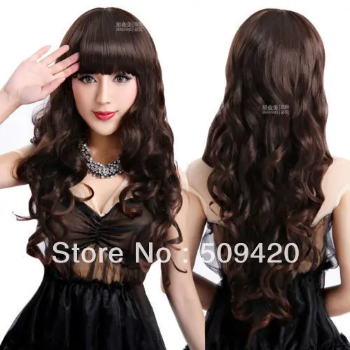 fast Shipping Sexy Fashion DARK BROWN Womens Cosplay Long Loose Wavy Curly Hair Full Wig Wigs |
