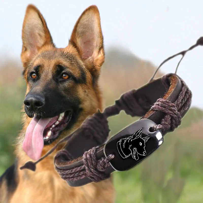 

German Shepherd dog Animal Backer Woven Rope Leather Unisex Bracelet Yak Bone Carved,Fashion bracelet For Women drop shipping