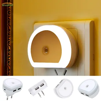 

WoodPow LED Night Light with Dual USB Port 5V 1A Light Sensor Control Room Lighting Wall Lamp EU/US Plug Socket Lamp 110V/220V