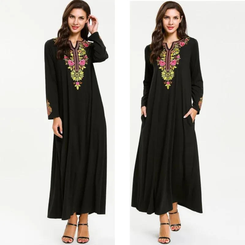 

2019 New Summer Autumn 4XL plus size Women Arab Muslim embroidery Robe Dress Turkish Dubai Abaya Musulman Arab Dresses