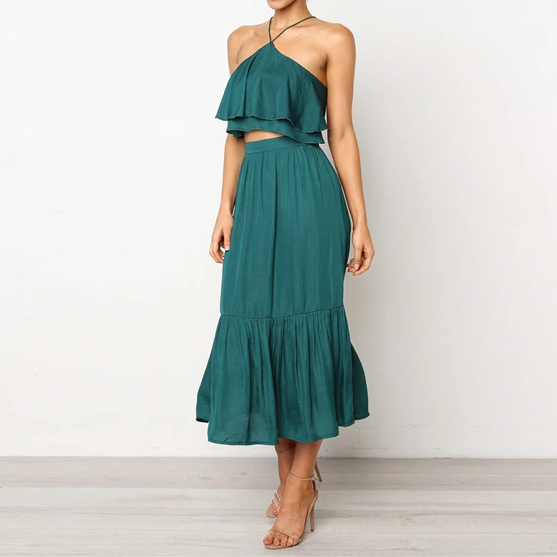 Women Two Piece Halter Neck Sleeveless Crop Tops+A-Line Skirt Set Lady Sexy Beach Party Dress Sets Woman Black Green Skirt Suit