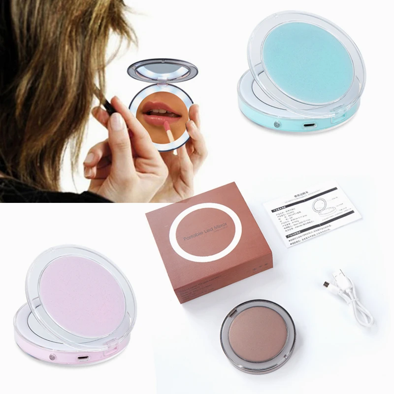 

NEW Mini LED Light Makeup Mirror Touch Screen 3X Magnifying Travel Portable Sensing Lighting Makeup Mirror with Charging Cable