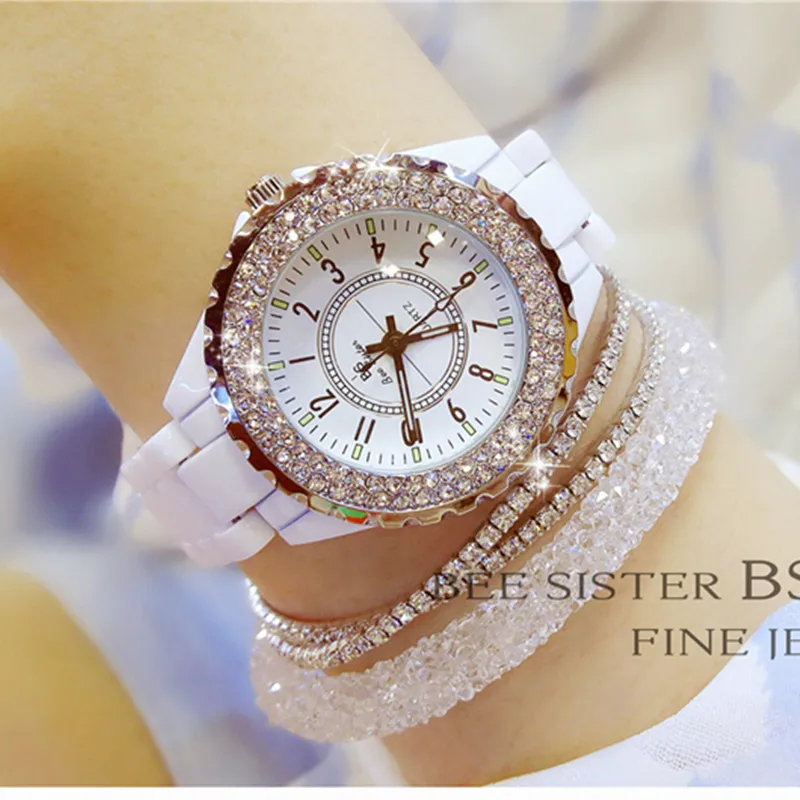 

Women Quartz Rhinestone Watches Round Dial Ceramic Watchband Fully Rhinestone Lady Wristwatch High-end Custom Linked List Watch