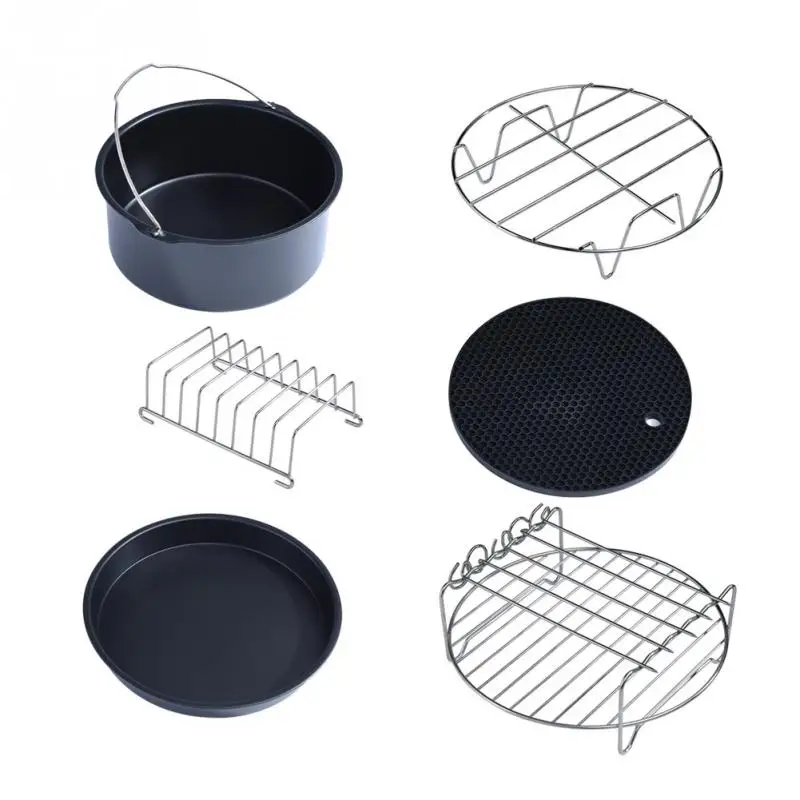 

6 in 1 Multifunctional Air Fryer Accessories Set Kit Parts 6-Set Metal Holder Skewer Rack Cake Barrel Pan Rack Mat Kit