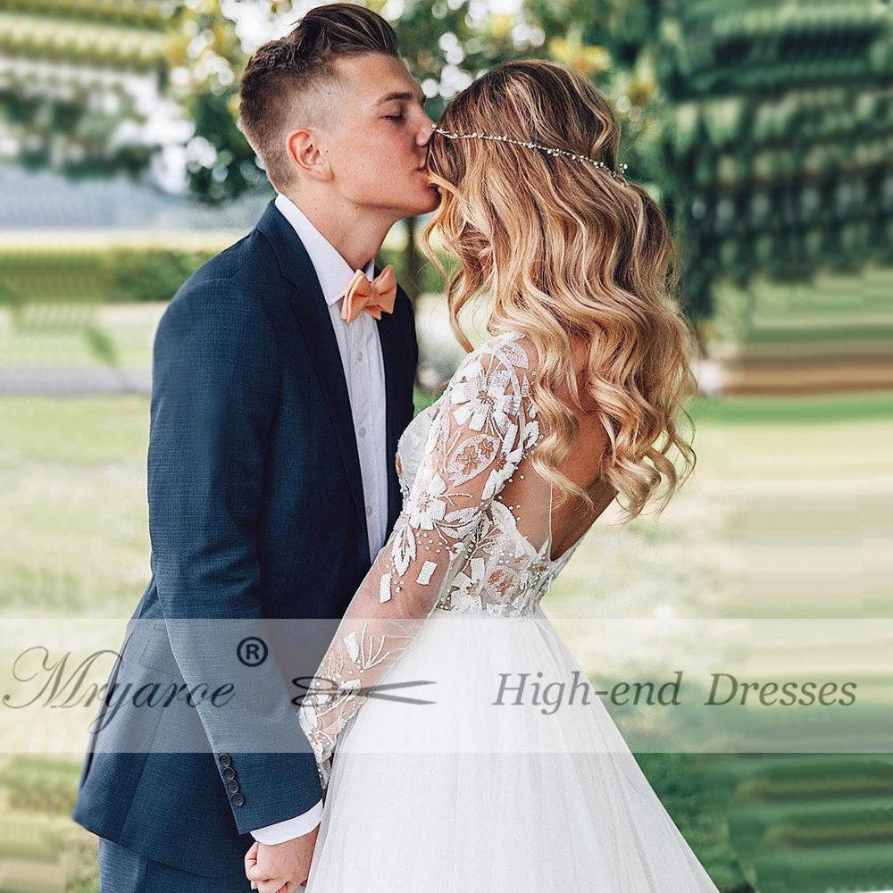 Mryarce Exclusive Lace Beading Open Back Wedding Dress Long Sleeve Scoop Tulle A Line Bridal Gowns Chic Style  (10)