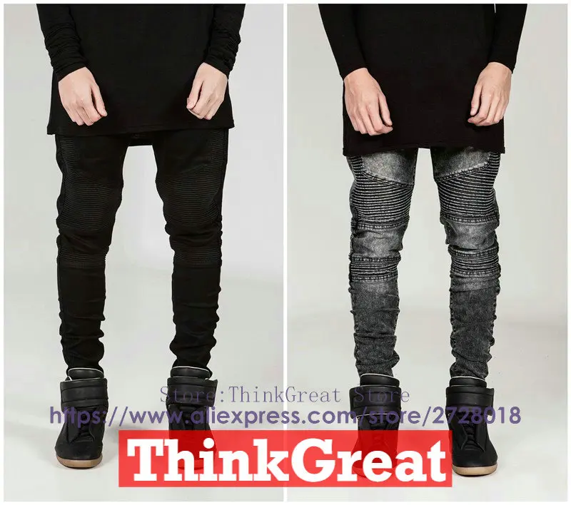 

Mens Skinny jeans men 2016 Runway Distressed slim elastic jeans denim Biker jeans hiphop pants Washed black jeans for men blue