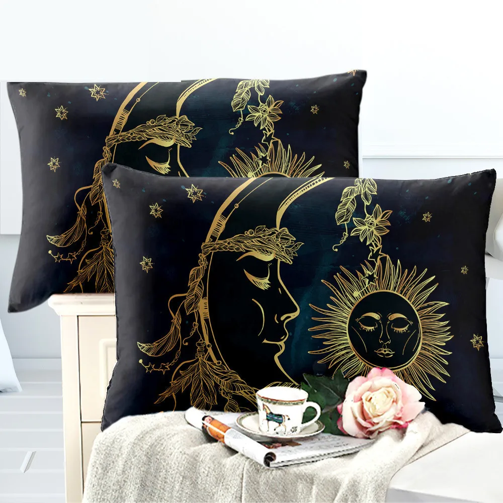 

Black Golden Mandala Pillowcase Moon Star Print Pillow Case Tribal Elephant Print Pillow Cover Home Textile D25