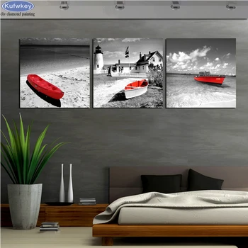 

DIY 3 pcs Diamond Painting Cross Stitch Kits Beach Red Boats Full Diamond Embroidery Seascape Square Drill Mosaic Wall Art
