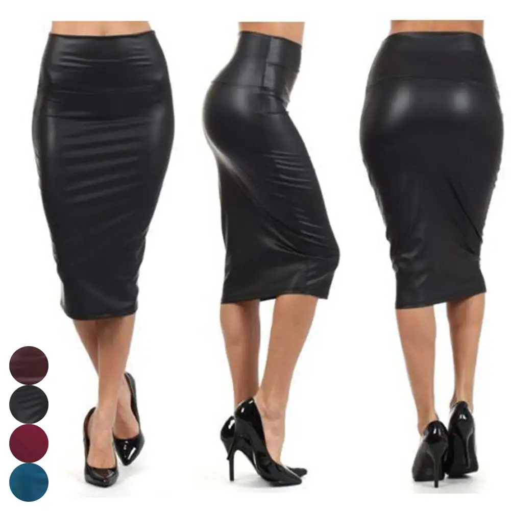 

Women High Waist Faux Leather Pencil Skirt Bodycon Skirt Solid Sexy OL Office Skirts M8694