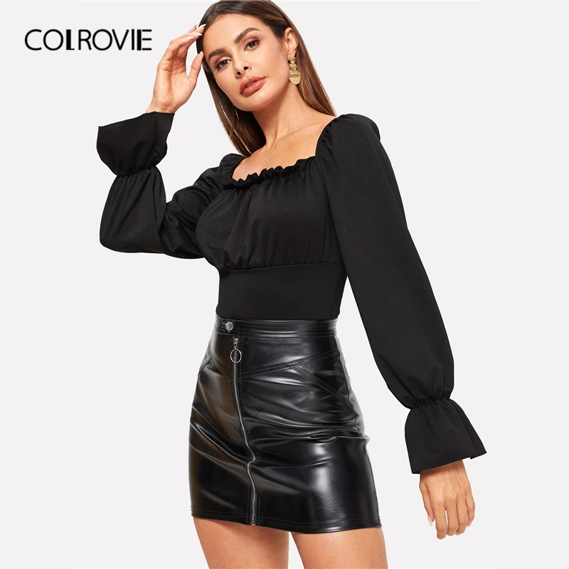 Женский винтажный боди COLROVIE Черный с квадратным вырезом и люверсами на шнурках