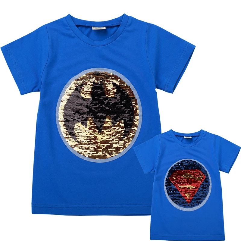 

Summer Girls Boys T Shirt Magic Reversible Sequin Transform Children Clothes Supper Bat Cotton Short Sleeve Kids Clothing WM023