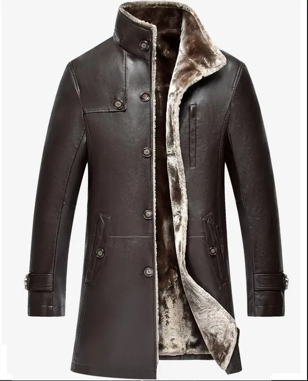  2018 Winter Thicken Leather Coat Men Long Section Casual turn-down Collar Leather Coat Warm Jacket  - 32891602961