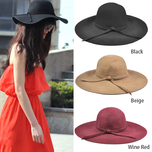 Wool Felt Crushable Summer Sun Beach Wide Brim Las Floppy Hat Wool Felt Crushable Summer Sun Beach Wide Brim Las Floppy Hat Retro Goth Bowknot Band