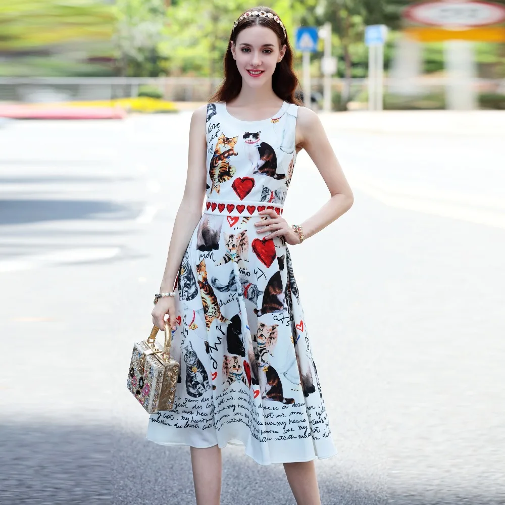 

Best Quality 2018 Latest Spring & Summer Fashion Elegant O-Neck Tank Sleeveless Letters Print A-Line Mid-Calf Dress Women