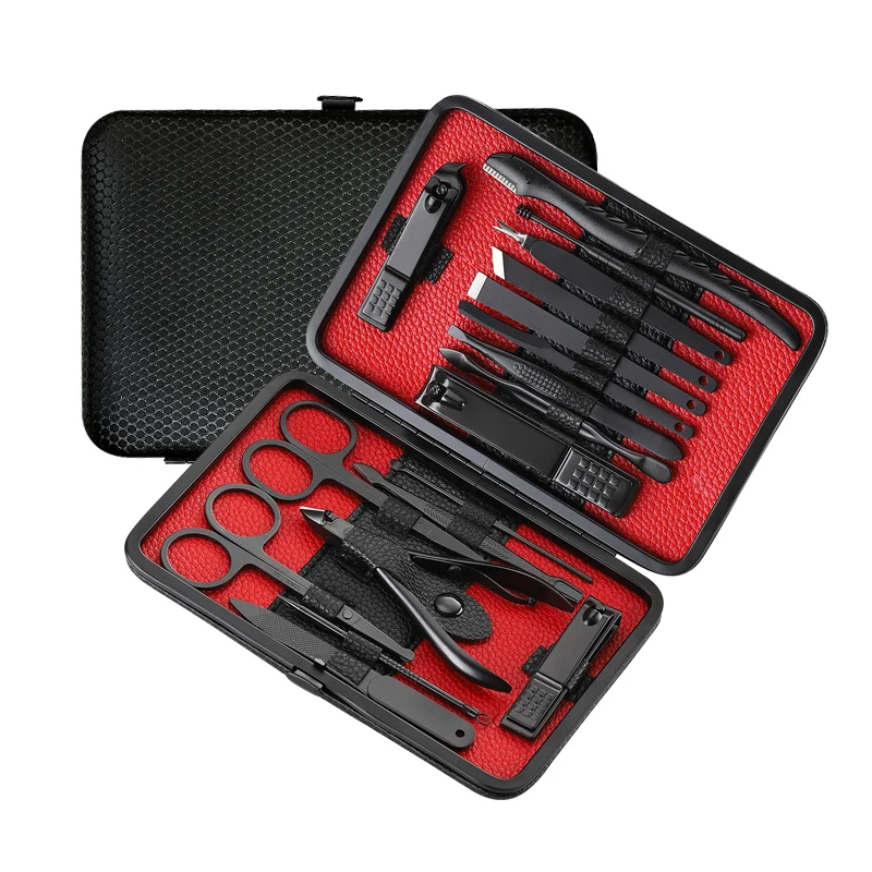  Manicure Set Nail Clippers Kit Pedicure Care Tools Black Men Grooming Kit 18Pcs With Black PU Leath
