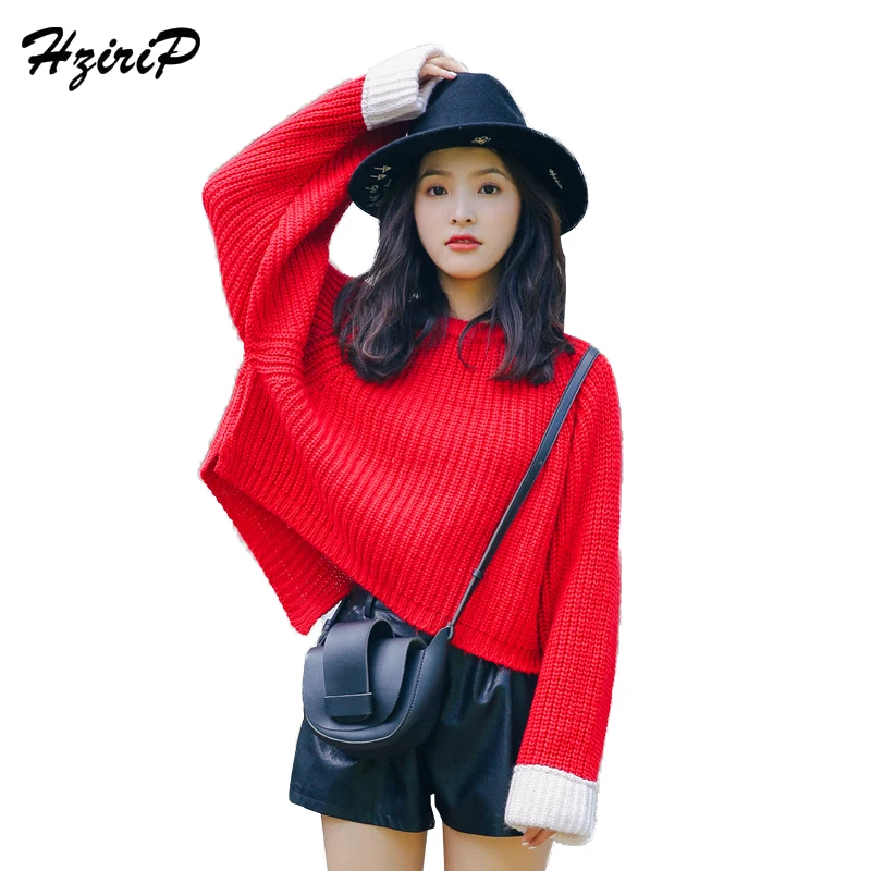 HziriP 2018 New Fashion Keep Warm Patchwork Women Sweater Knitted Red Lady Tops Pullovers O-Neck Vintage Soft Female Sweaters | Женская