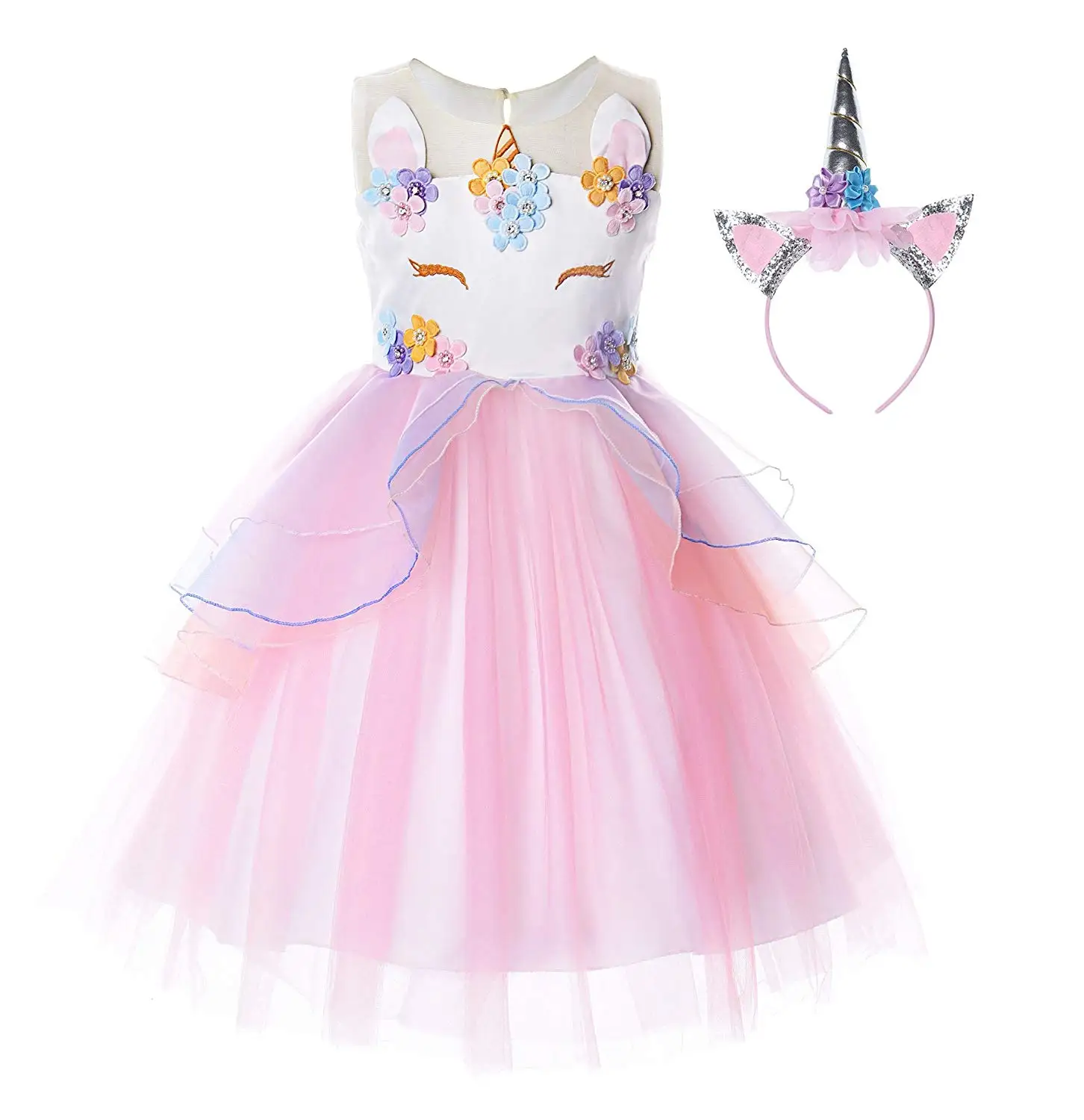 Многоцветный цветок девушки костюм единорога нарядное платье для принцессы платье для девочек Косплэй Свадьба День рождения Дети платье для детей