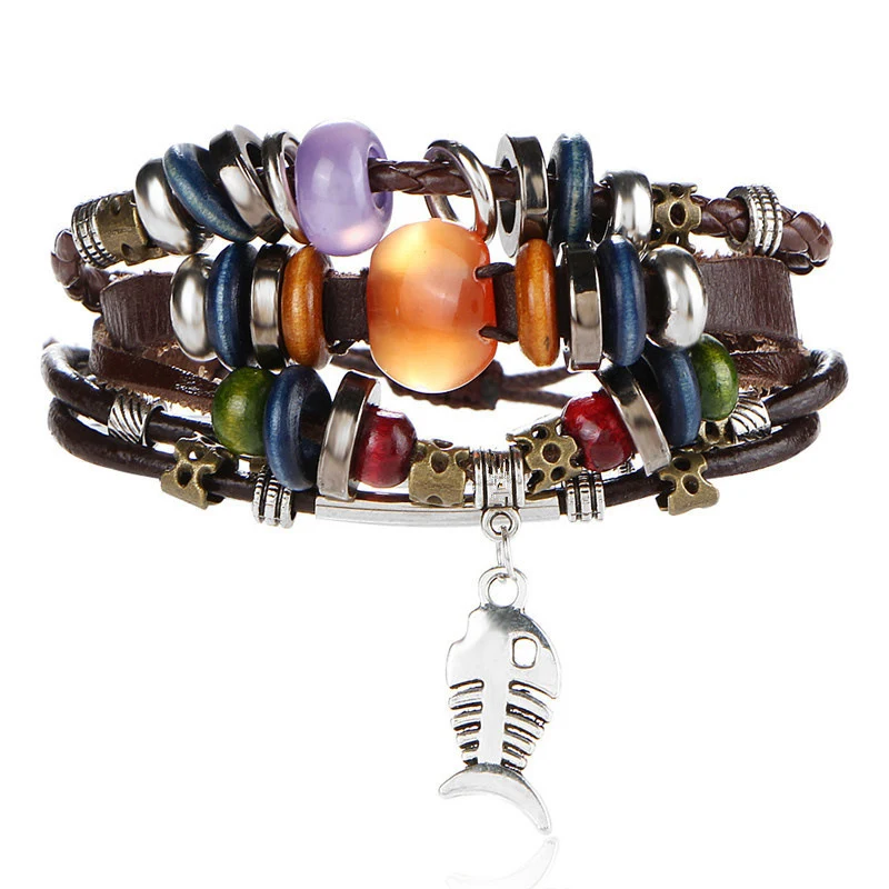 NIUYITID Handmade Feather Leaf Men's Bracelets For Men Multilayer Leather Accessories Male Braclet Friendship Jewelry  (5)
