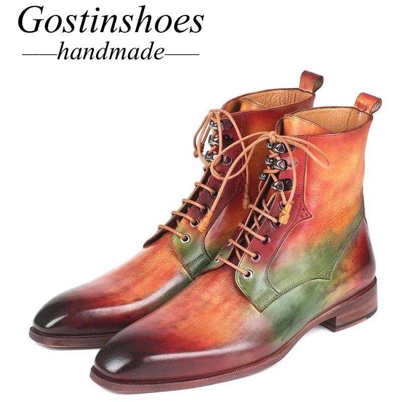 

GOSTINSHOES HANDMADE Goodyear Welted Fashion Work Safty Motorcyle Army Winter Snow Military Men's Ankle Boots Lace-Up SCT42