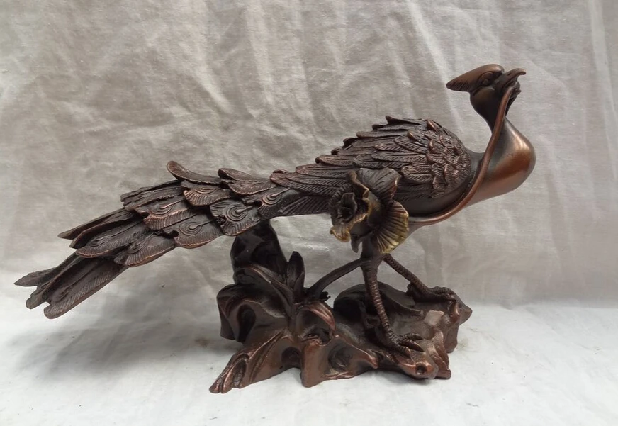 

S2969 11" Chinese Pure Bronze Bird FengShui Phoenix Peacock Peafowl Beak Flower Statue D0318