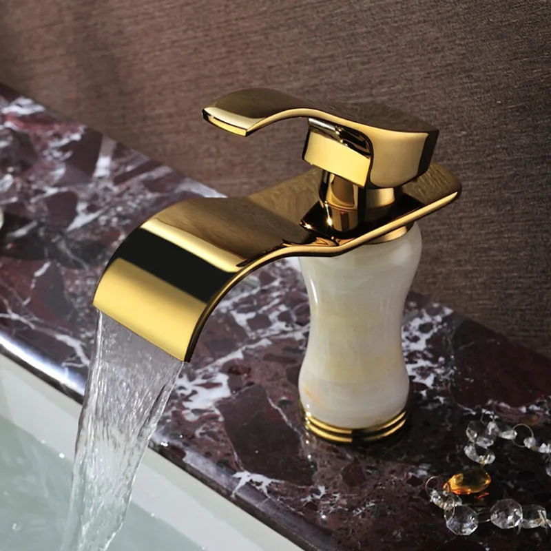 Free shipping jade stone gold bathroom mixer tap and solid brass golden