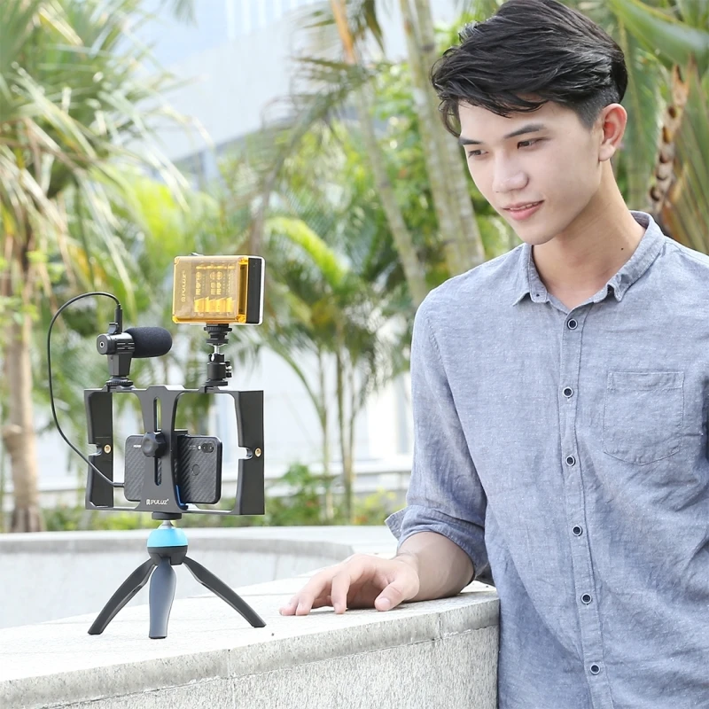 PULUZ Dual Handle Phone Cage Live Broadcast Stabilizer Vlogging Video Bracket For iPhone Samsung Huawei, Width: 4.2cm to 11cm