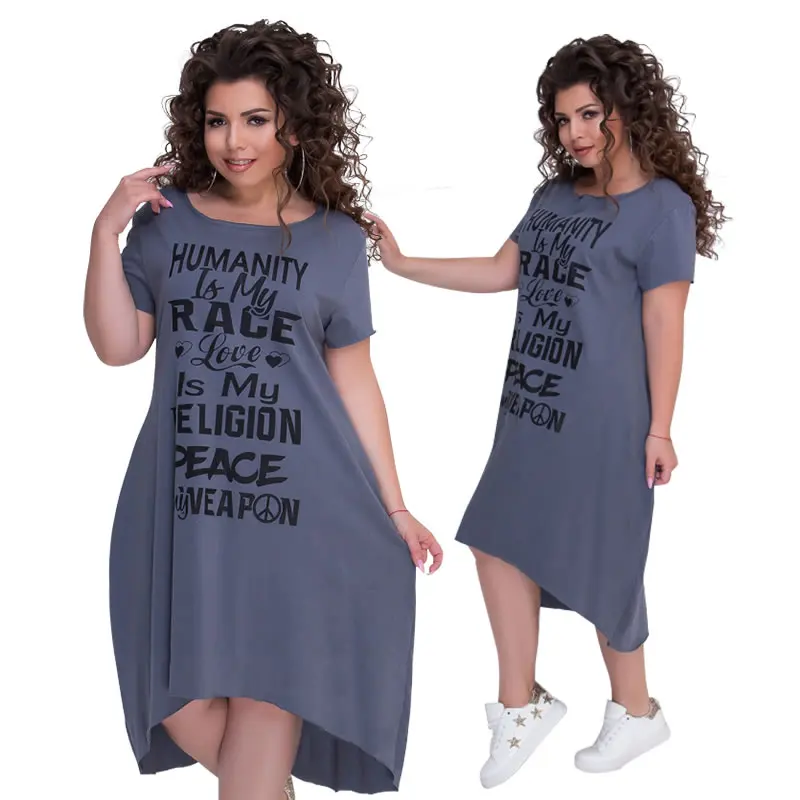 Ceny Plus rozmiar drukowany napis z krótkim rękawem w połowie sukienka do łydki Vestidos L 6XL duży rozmiar Casual niesymetryczna luźna sukienka kobiety jesienne sukienki