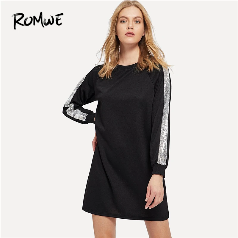 Buy ROMWE Black Contrast Sequin Sweatshirt Dresses