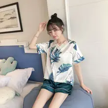 Pajama girls summer ice silk short sleeves two pieces of suit Korean fresh sweet lovely students thin silk home clothes