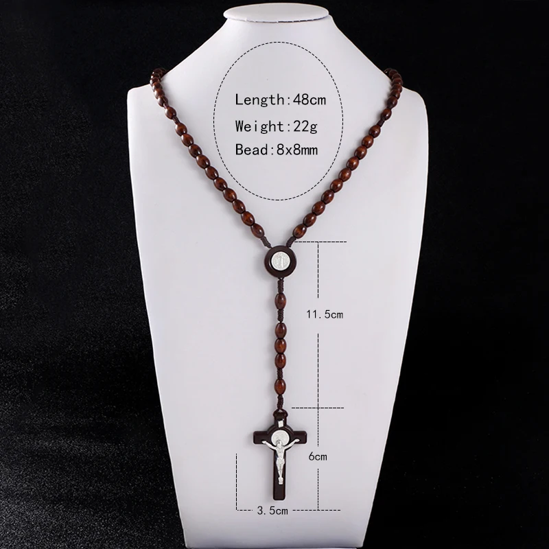 

KOMi Resin Wooden Bead Cord Rosary Necklace St Benedict Medal Jesus Cross Pendant Necklace Catholic Religious jewelry R-172