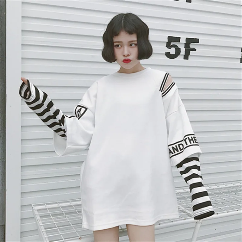 Harajuku уличная женская футболка с открытыми плечами корейские Ulzzang полосатые