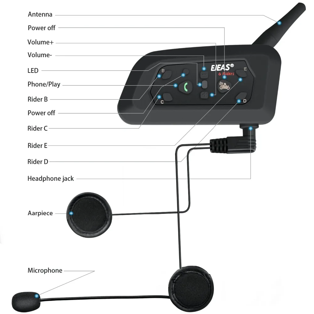 Combo 2 Intercomunicadores Bluetooth para Casco de Moto Ejeas V6 Pro 1200  Mts 850maH
