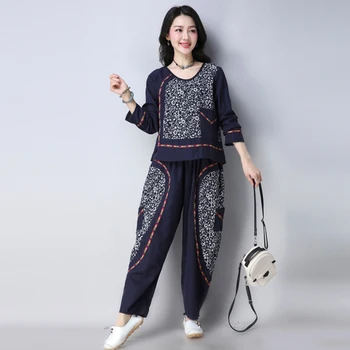 

Folk Style Women's Tracksuits Cotton Linen Two Piece Set Chinese Style Pants Suit Batwing Sleeve Ethnic Geometrictop And Shorts