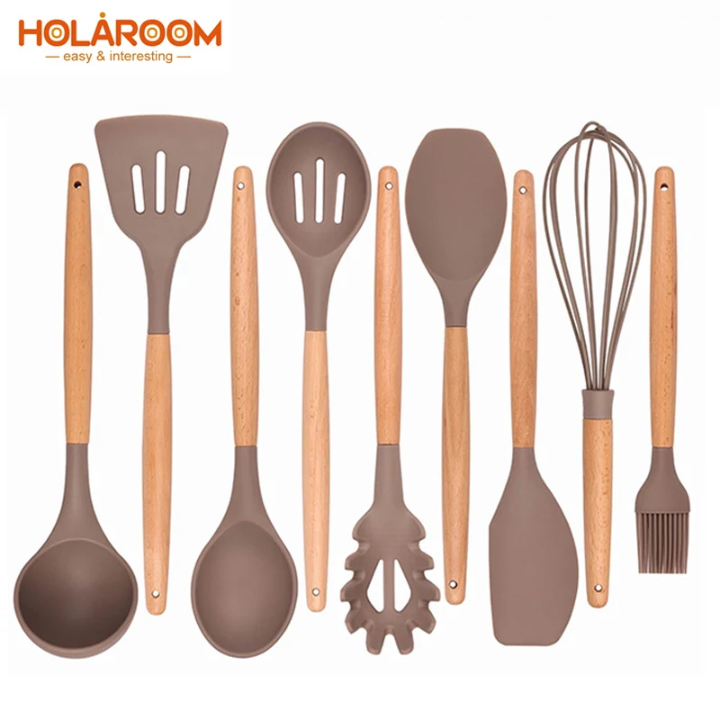 

Wood Handle Kitchen Cooking Tools Food Grade Silicone Kitchen Utensils Heat Insulation Anti-scalding Kitchen Baking Tools