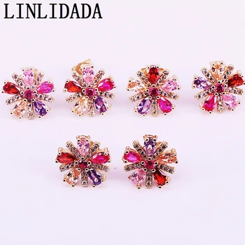

6Pairs 14mm Gold Color Flower shape Cubic Zirconia Stud Earrings, CZ Fashion Jewelry Studs