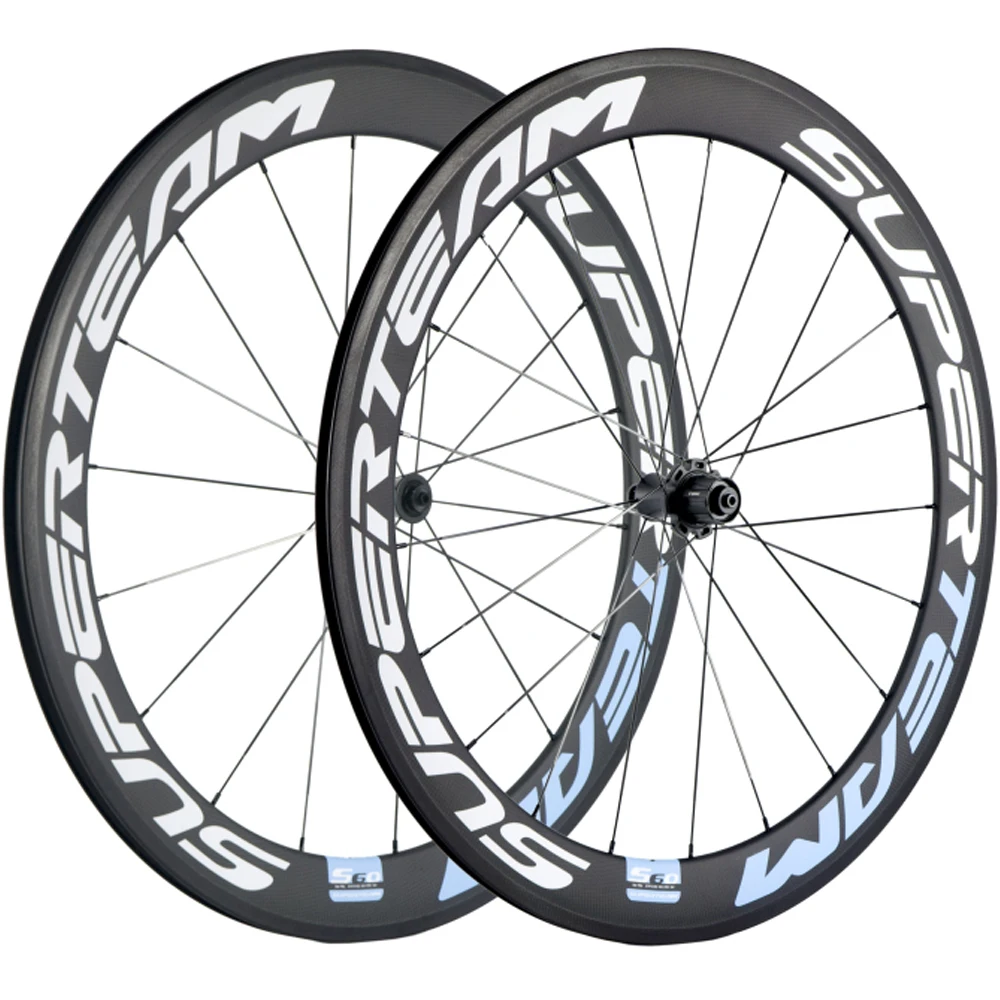 SUPERTEAM 1 Pair 60mm Carbon Bicycle Wheelset Road Bike R7 Hub 3K Clincher Carbon Wheels 700C